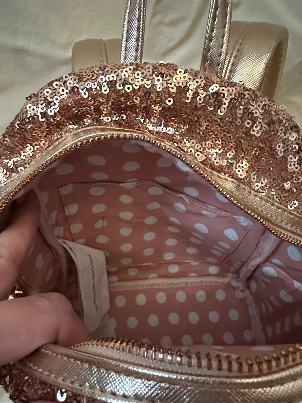 DISNEY PARKS Loungefly Rose Gold Sequin Mini Backpack with Metallic Bow